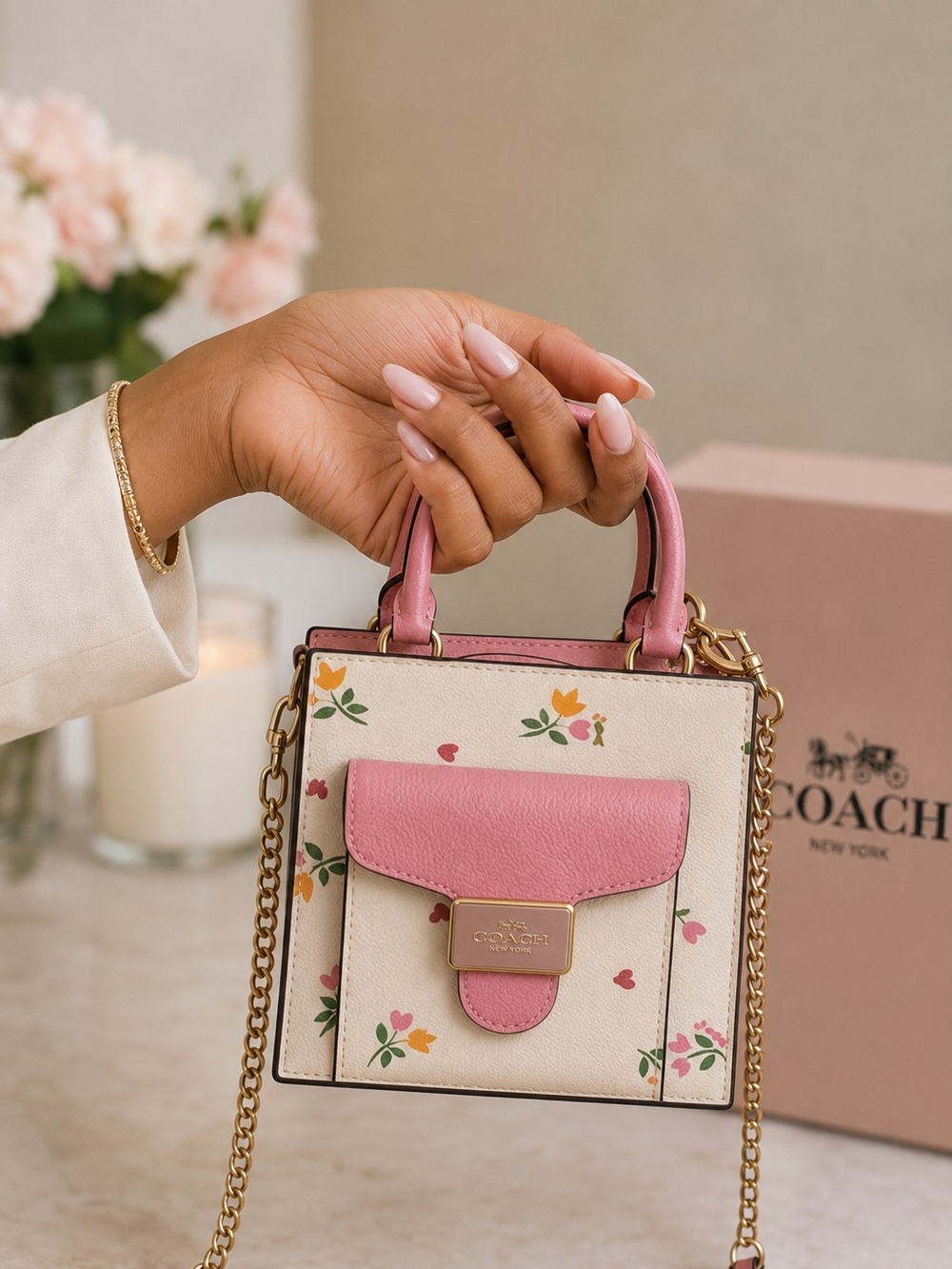 Coach Cream Mini Tote with Pink Floral Accents and Gold Chain